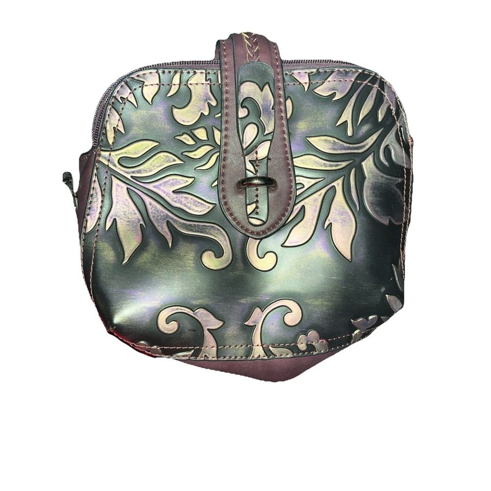 Madi Claire Abigale Tooled Leather Crossbody Handbag Black Ink Purple Embossed